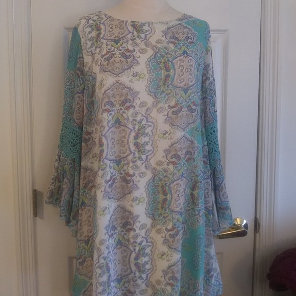 Lady Noiz | Light Aqua Medallion Tunic | M | New | Bell Sleeves Lace Band - Picture 1 of 12